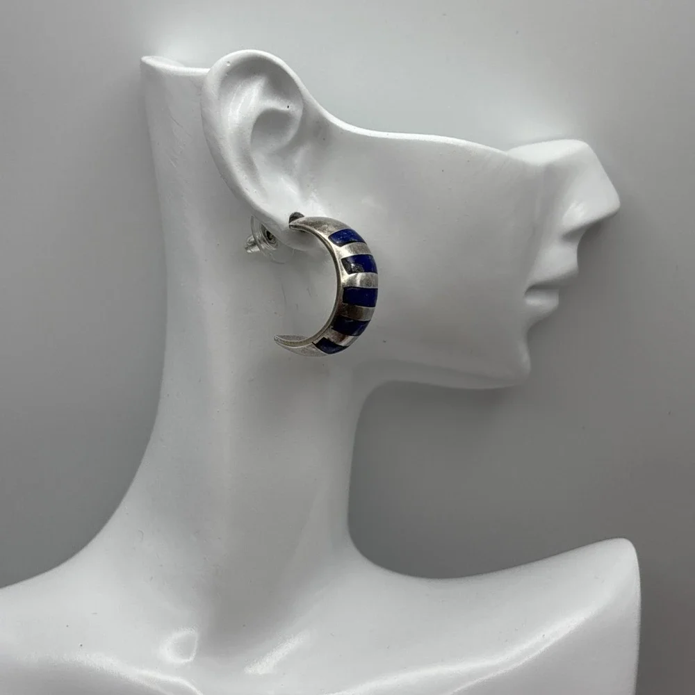 925 Sterling Silver And Lapis Lazuli Inlay Half Hoop Earrings